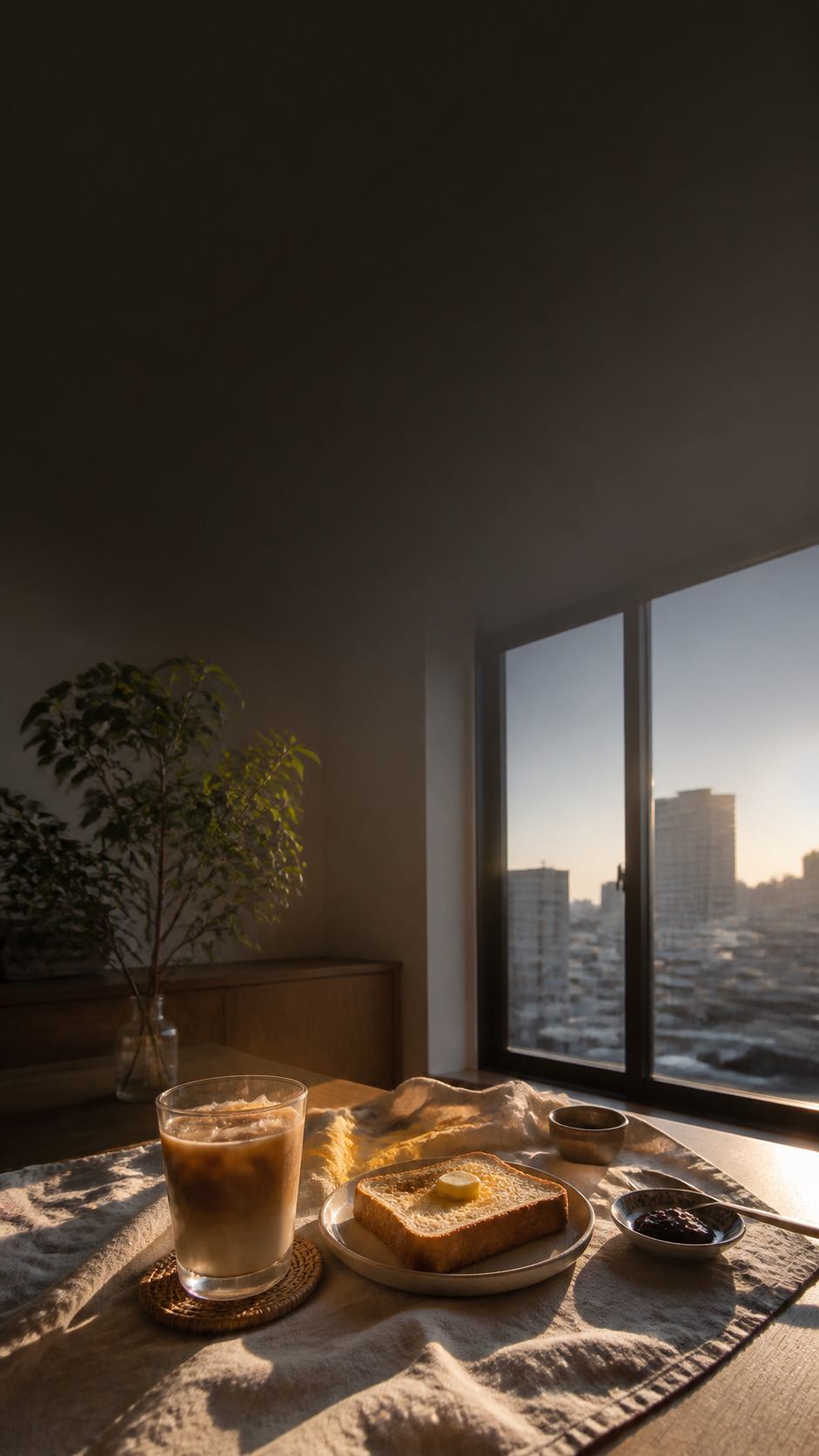 朝の光が差す部屋のテーブル