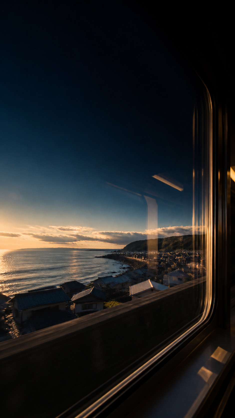 夕方の海を走る電車から見た景色