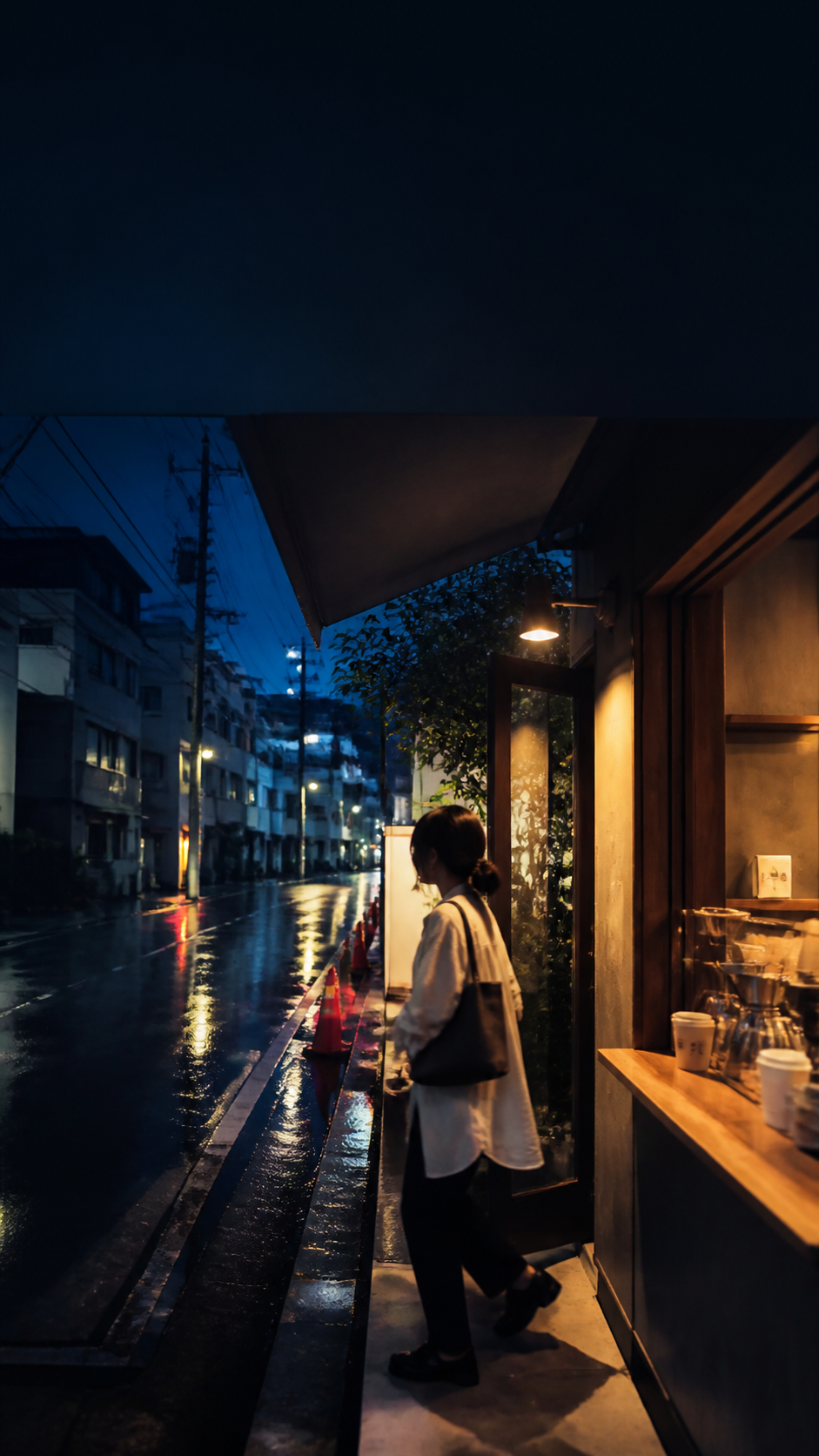雨上がりの街と小さなコーヒーショップ